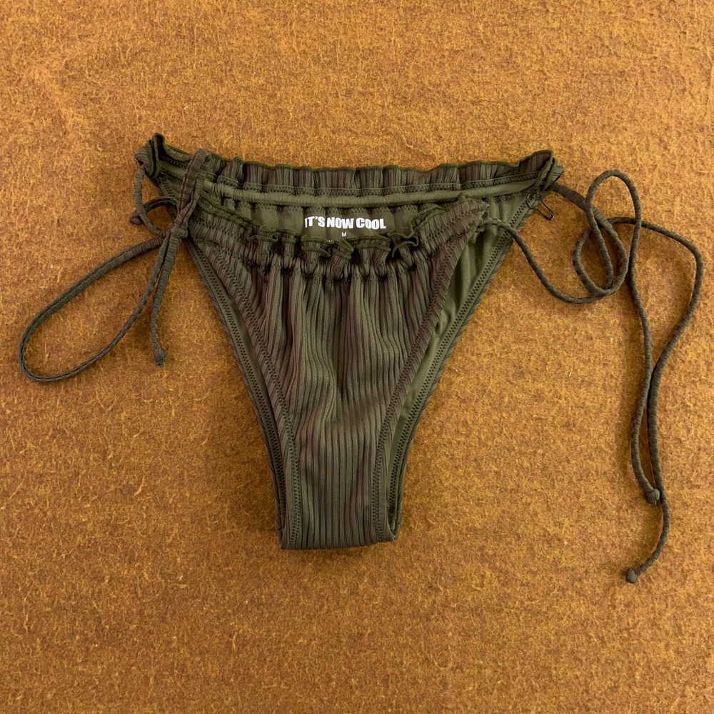 It's Now Cool Womens Medium Olive Green Ribbed Ruffle Side Tie Bikini Bottom New